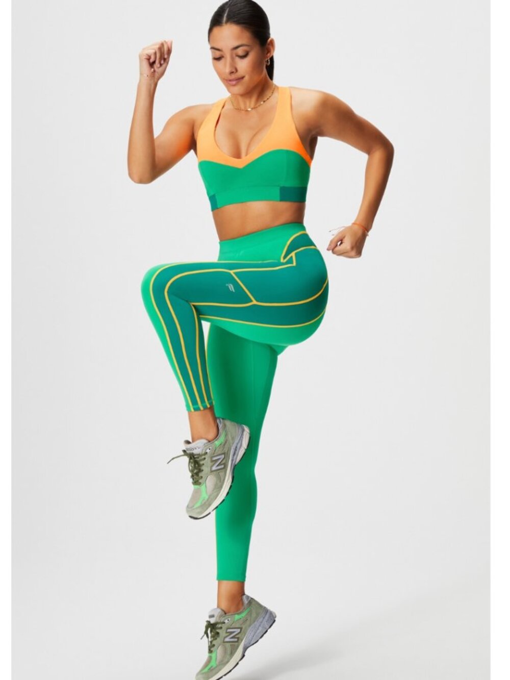 Fabletics Green and Orange High-Impact Activewear Set - Large